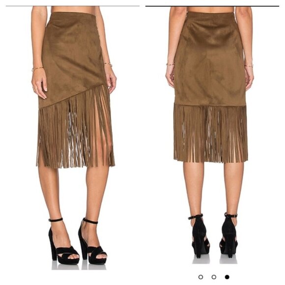 Tularosa Donna Tan Camel Faux Suede Fringe Pencil Skirt Size 4